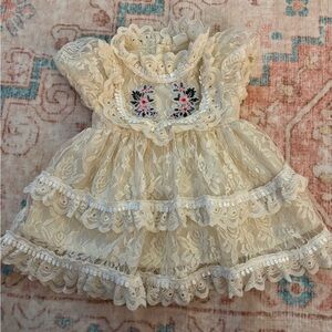 Ivory Lace Tiered Baby Dress with Floral Embroidery